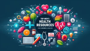 A dynamic graphic illustrating top men's health resources with icons for fitness, nutrition, mental health, preventive care, and online support. The title "Top Men's Health Resources | Stay Informed & Healthy" is prominently displayed at the top.